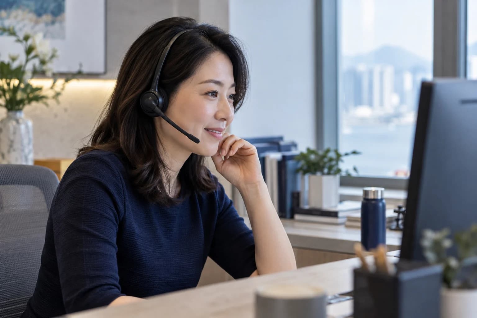中文服务人员倾听来电的 AI 场景示意